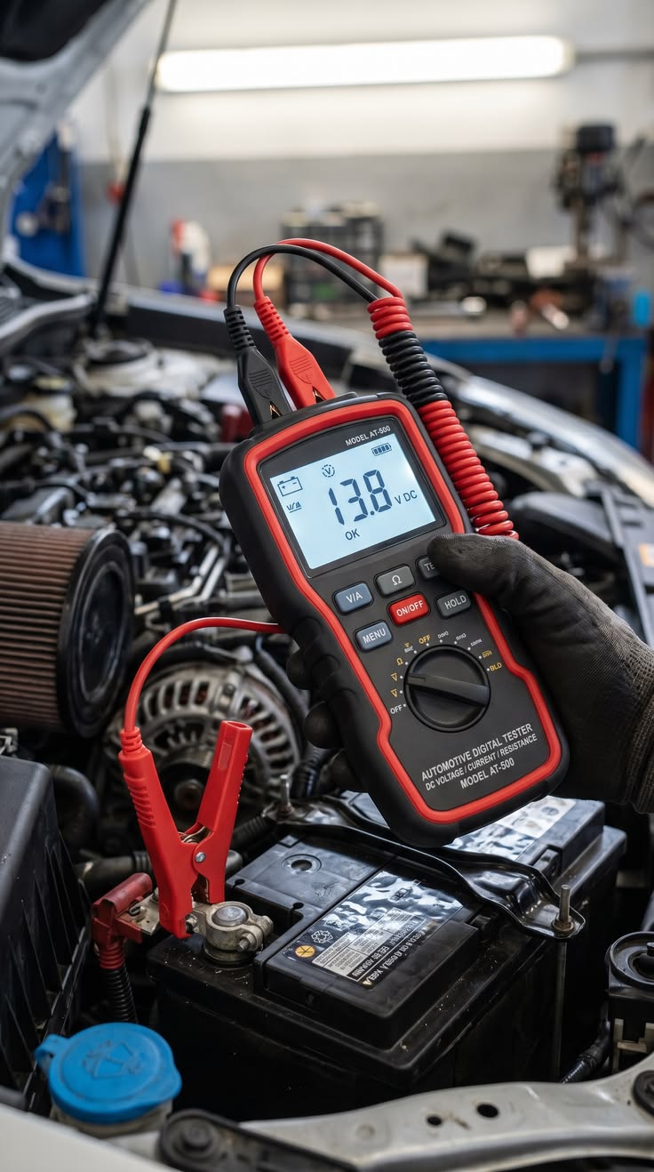 Test de la batterie au testeur numérique sous le capot d'un véhicule
